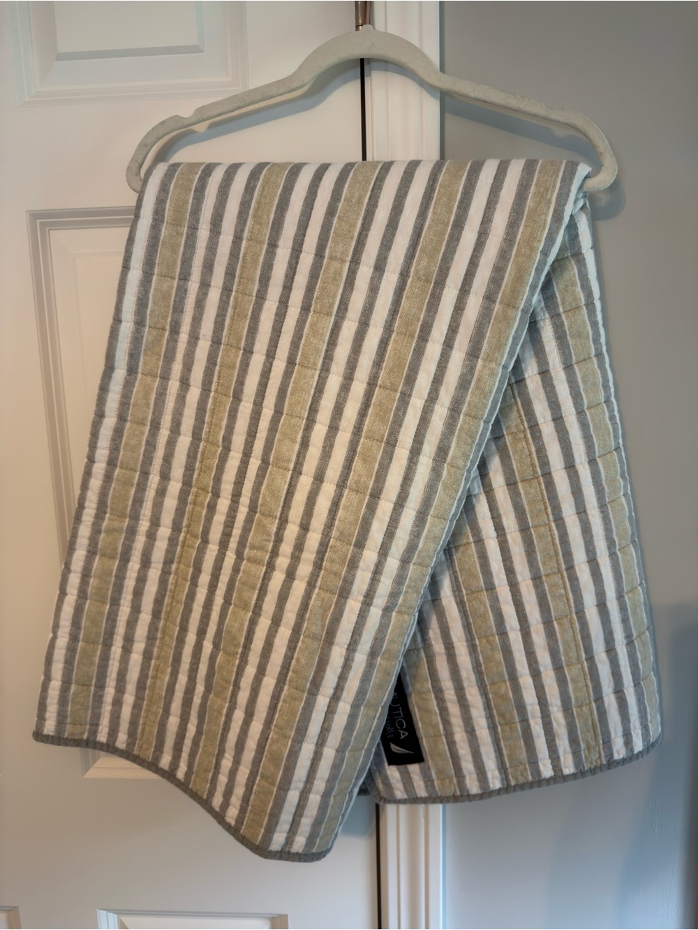 Striped Quilted Throw Blanket in White, Tan and Grey